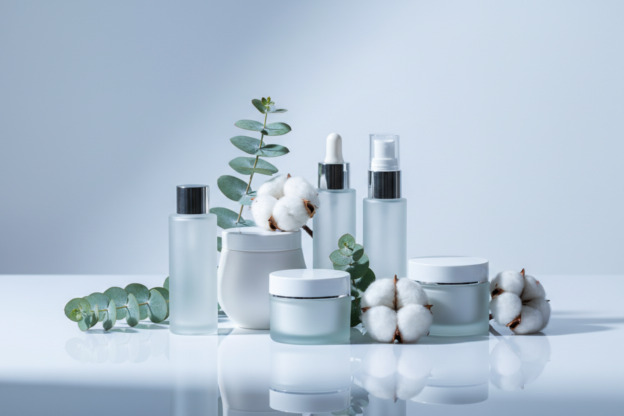 En español: No coloques boton, Diseña Imagen Banner profesional de ecommerce sobre salud, belleza y cuidado personal. Diseño moderno, limpio y confiable. Tonos azules y blancos, sensación de bienestar y cuidado premium, iluminación suave, estilo elegante, enfoque en confianza y calidad, estética minimalista y profesional, alta resolución